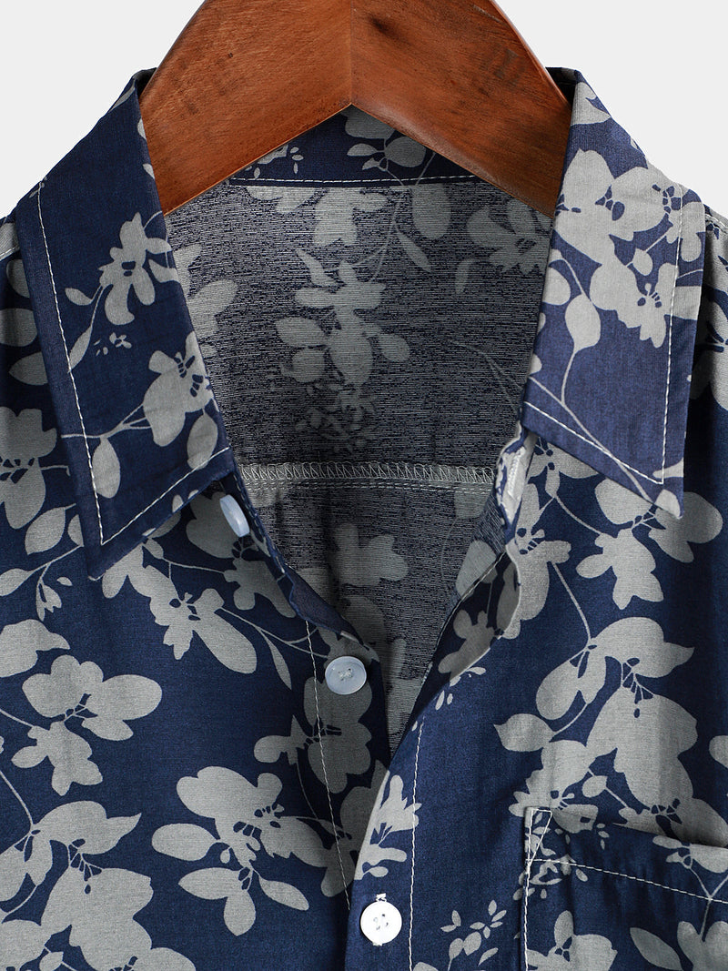 Chemise boutonnée à manches courtes bleu marine à imprimé floral vintage pour hommes