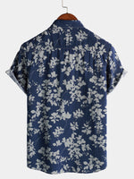 Chemise boutonnée à manches courtes bleu marine à imprimé floral vintage pour hommes