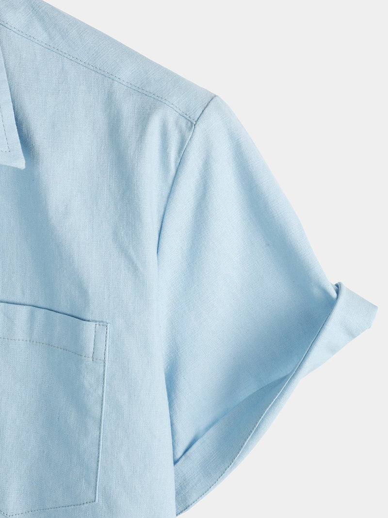 Chemise à manches courtes en coton et lin de couleur unie pour hommes