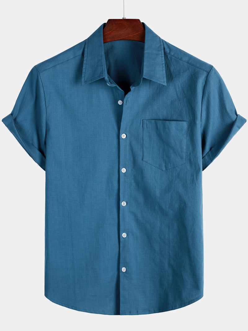 Chemise à manches courtes en coton et lin de couleur unie pour hommes