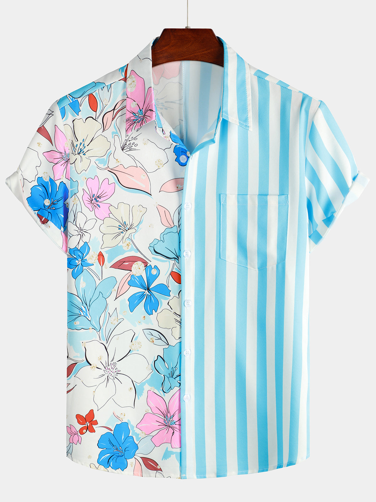 Chemise boutonnée de plage à manches courtes à imprimé floral bleu rayé pour hommes