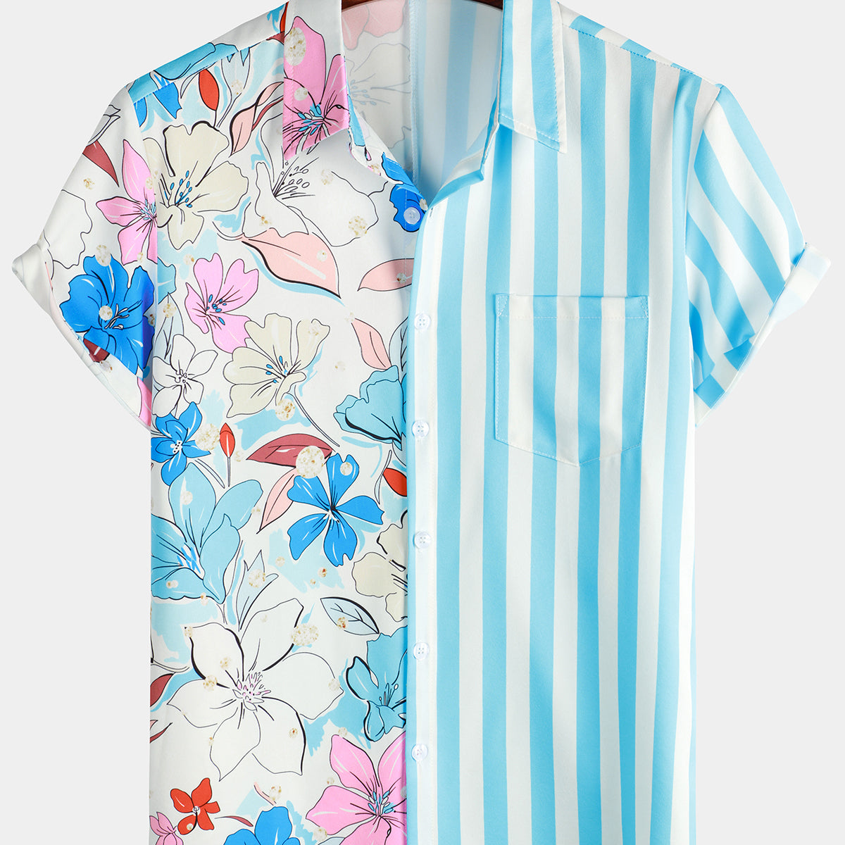 Chemise boutonnée de plage à manches courtes à imprimé floral bleu rayé pour hommes