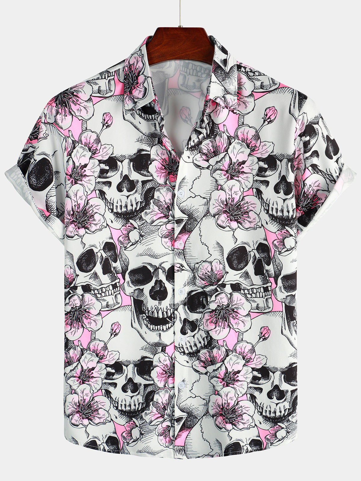 Chemise a manches courtes Punk Rock boutonnee a fleurs de cerisier rose tete de mort pour hommes