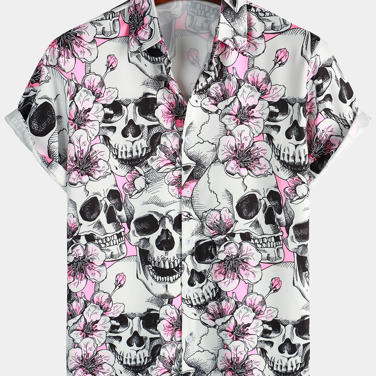Chemise à manches courtes Punk Rock boutonnée à fleurs de cerisier rose tête de mort pour hommes