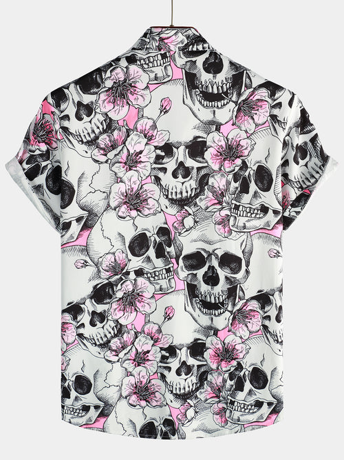 Chemise à manches courtes Punk Rock boutonnée à fleurs de cerisier rose tête de mort pour hommes