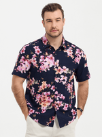Chemise à manches courtes hawaïenne en coton à fleurs bleu marine pour homme