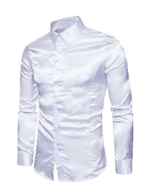 Chemise de soirée à manches longues en satin lisse boutonné pour homme