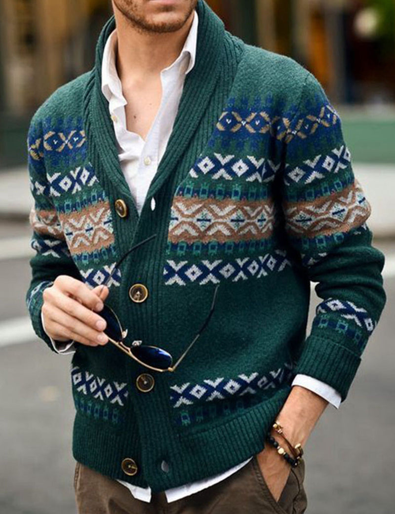 Pull cardigan à manches longues automne-hiver boutonné à motif occidental vert pour hommes