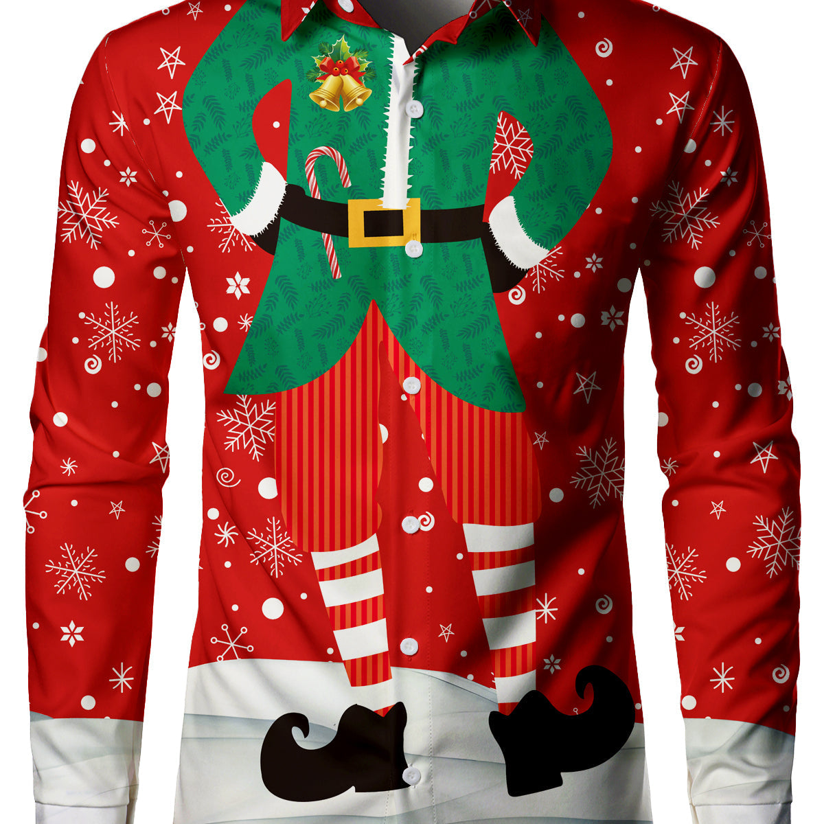 Chemise de Noël rouge à manches longues pour homme sur le thème de l'elfe de Noël