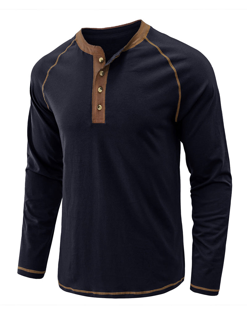 T-shirt à manches longues décontracté à col Henry pour hommes