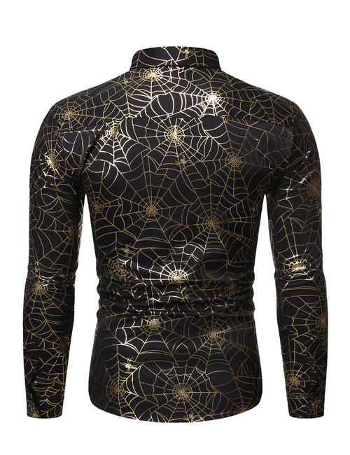Chemise à manches longues à imprimé toile d'araignée dorée pour hommes