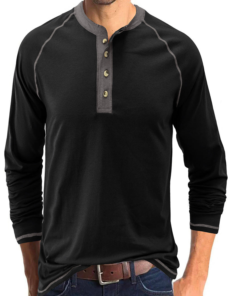 T-shirt à manches longues décontracté à col Henry pour hommes
