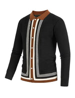 Polo en tricot boutonné à rayures vintage pour hommes Pull cardigan noir décontracté