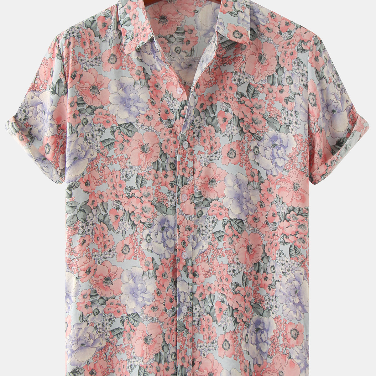 Chemise à manches courtes rose décontractée à imprimé floral vintage pour hommes