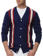 Polo en tricot boutonné à rayures vintage pour hommes, pull cardigan à col en V bleu marine