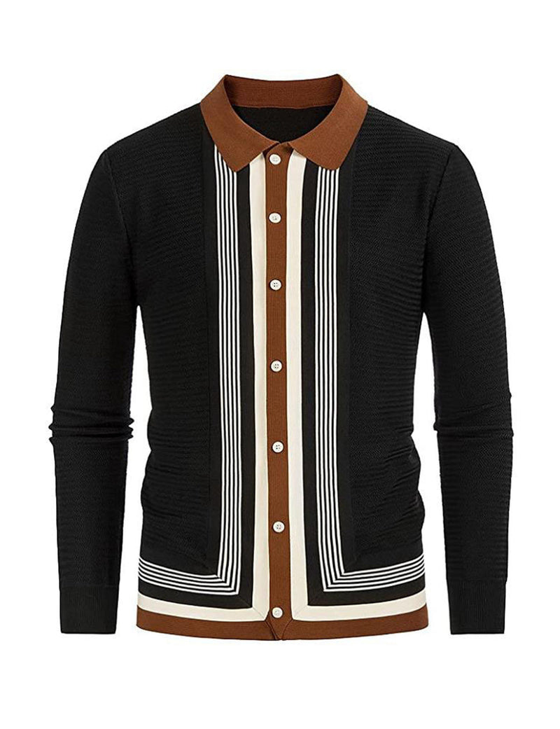 Polo en tricot boutonné à rayures vintage pour hommes Pull cardigan noir décontracté