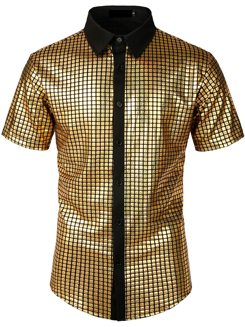 Chemise Habillée Homme Paillettes Manches Courtes Chemises Boutonnées Costume De Soirée Disco