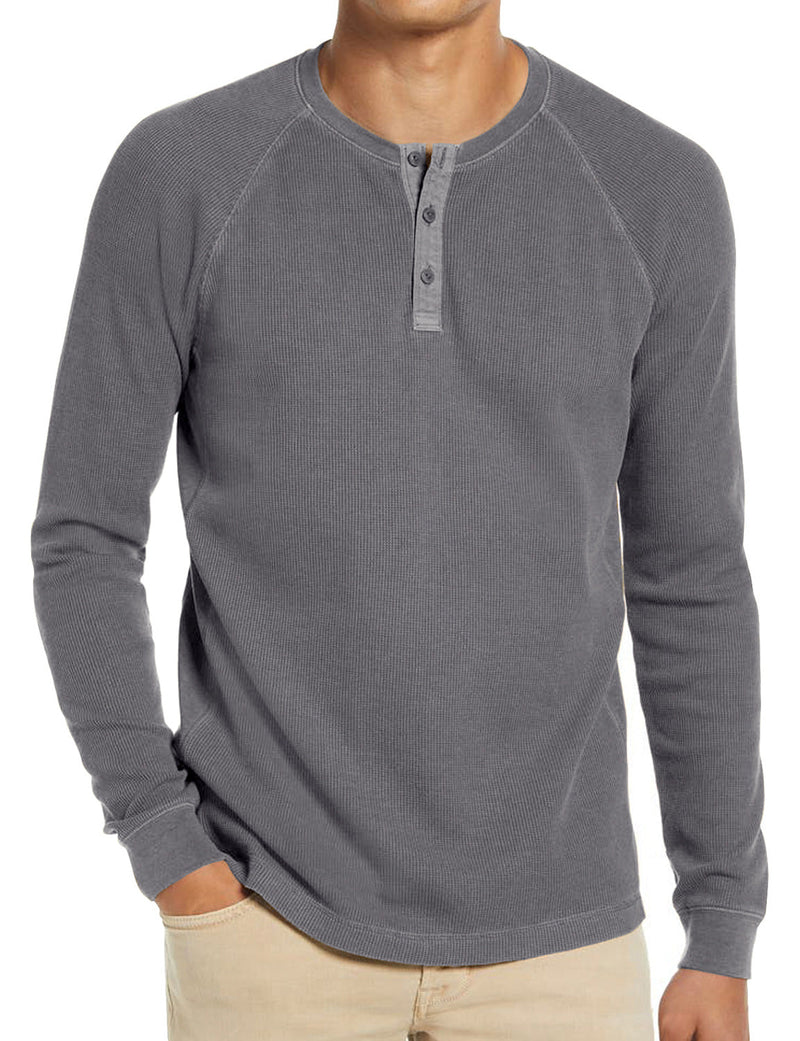 T-shirt décontracté à manches longues et col Henry de couleur unie pour hommes