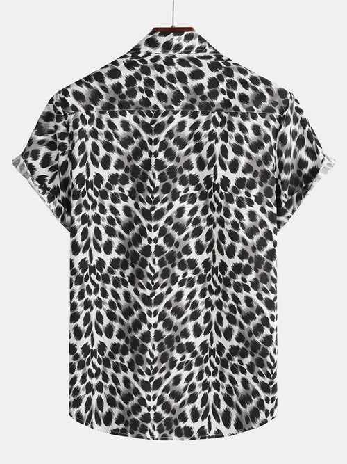 Men's Snow leopard Animal Print Button Up Cotton Breathable Summer Short Sleeve Cool Black Cheetah Shirt