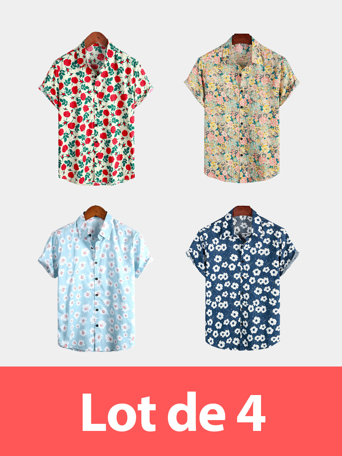 Lot de 4| Chemise respirante à manches courtes en coton imprimé pour hommes