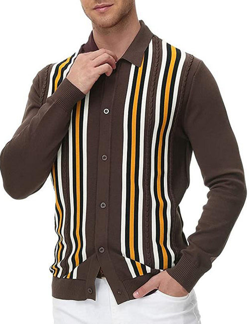 Polo en tricot boutonné à rayures vintage pour hommes Pull cardigan marron