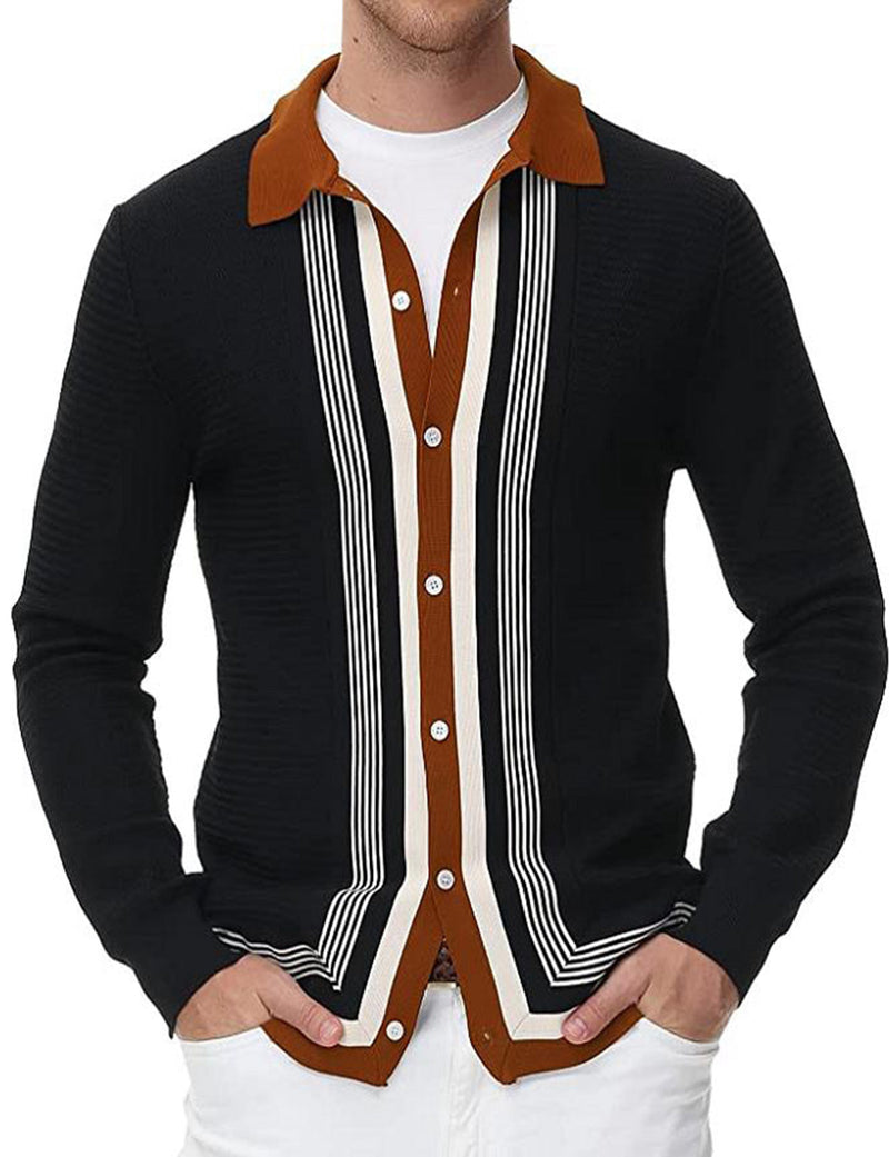 Polo en tricot boutonné à rayures vintage pour hommes Pull cardigan noir décontracté