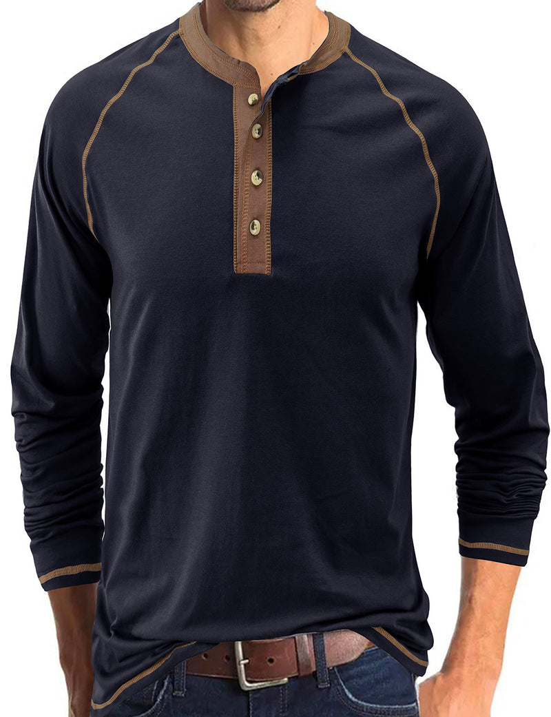 T-shirt à manches longues décontracté à col Henry pour hommes