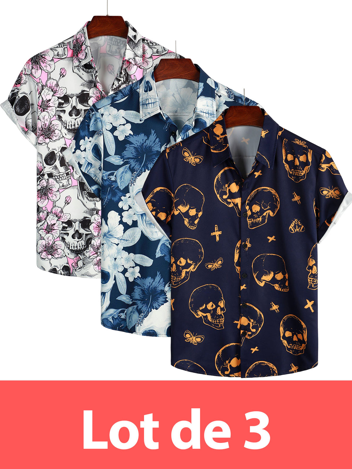 Lot de 3 | Chemises hawaïennes Aloha à manches courtes avec imprimé tête de mort pour homme