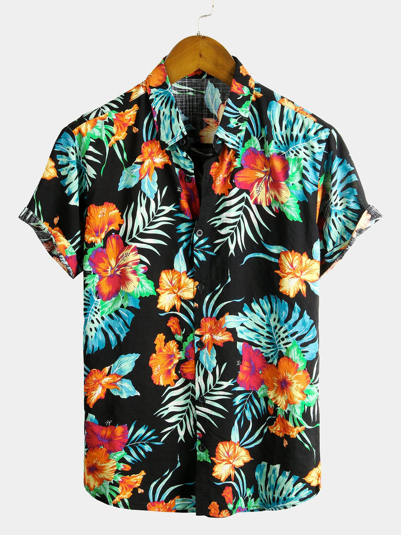 chemise d'homme en pur coton à imprimé style de vacances hawaïennes