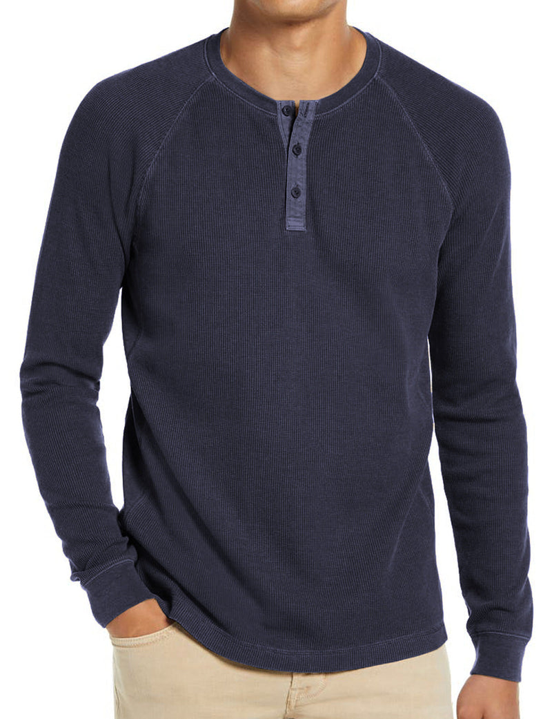 T-shirt décontracté à manches longues et col Henry de couleur unie pour hommes