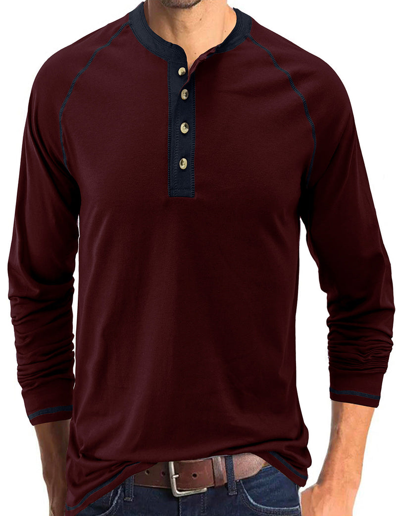 T-shirt à manches longues décontracté à col Henry pour hommes