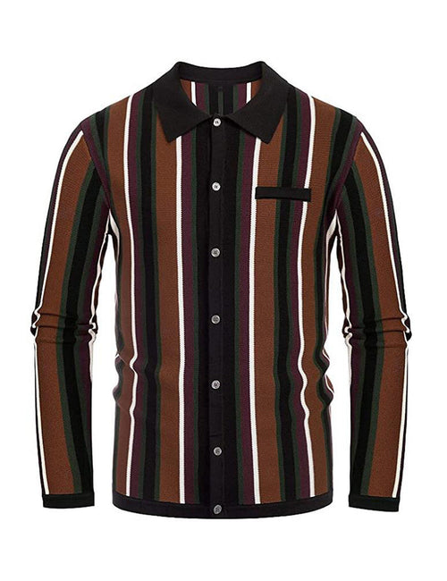 Polo en tricot rayé vintage pour homme à manches longues boutonné Cardigan en tricot