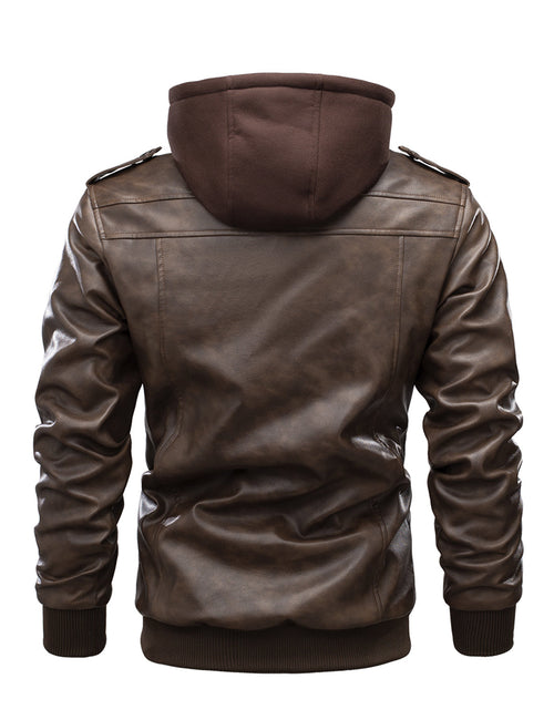 Veste de moto en cuir d'hiver pour motard vintage pour homme avec capuche amovible