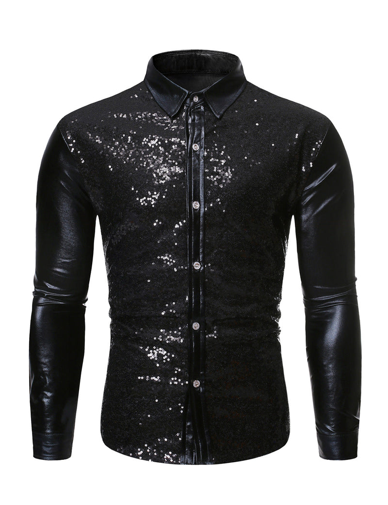 Chemise à manches longues boutonnée à sequins métalliques pour hommes