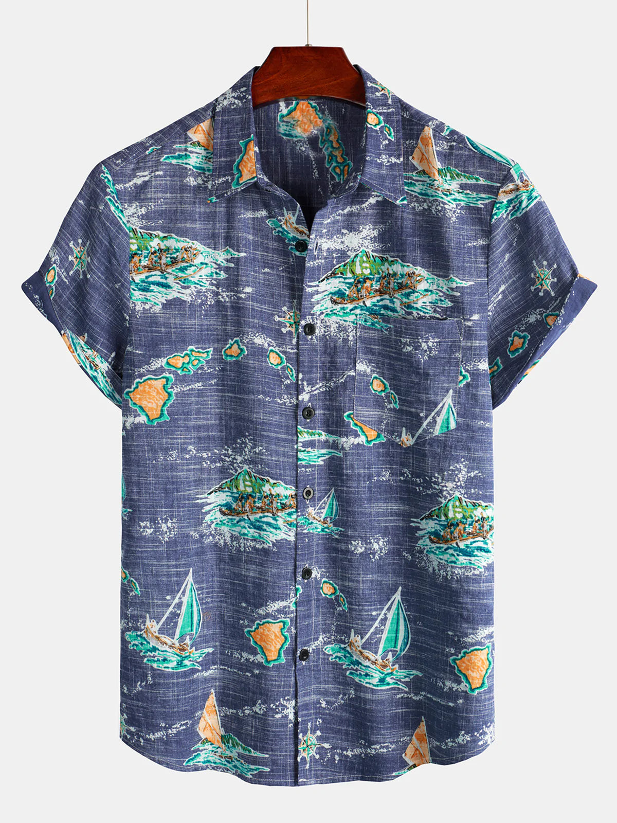 Chemise Aloha à manches courtes pour homme en coton bleu marine îles hawaïennes croisière plage boutonnée