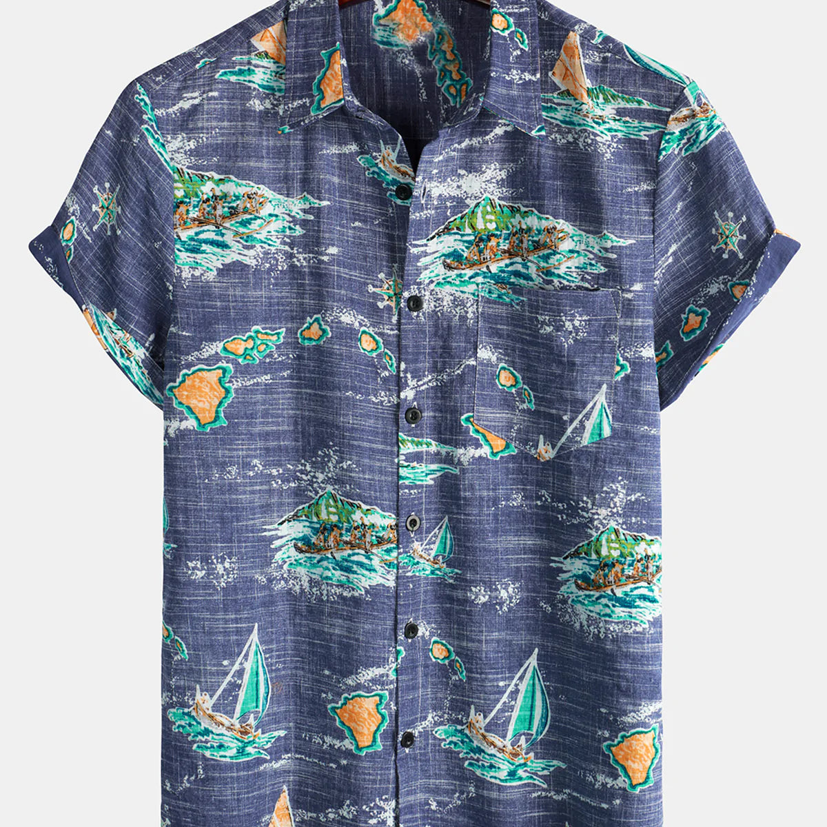 Chemise Aloha à manches courtes pour homme en coton bleu marine îles hawaïennes croisière plage boutonnée
