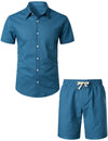Chemises et shorts à manches courtes en coton et lin de couleur unie pour hommes