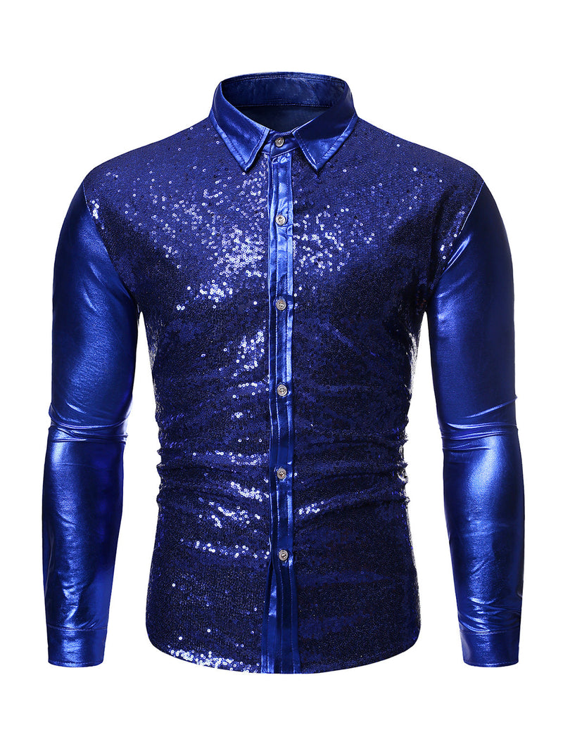 Chemise à manches longues boutonnée à sequins métalliques pour hommes