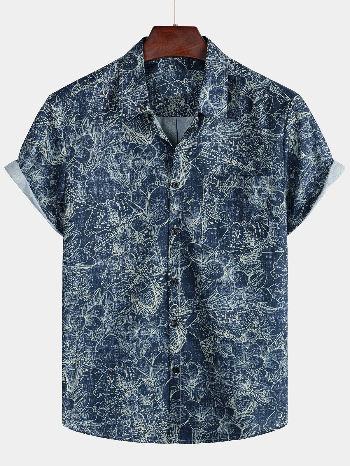 Chemise Bleu Marine À Manches Courtes De Vacances À Imprimé Floral Rétro Pour Hommes