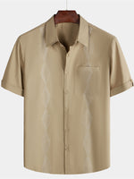 Chemise de plage noire à col cubain brodé en coton pour hommes Guayabera géométrique à manches courtes avec poche boutonnée