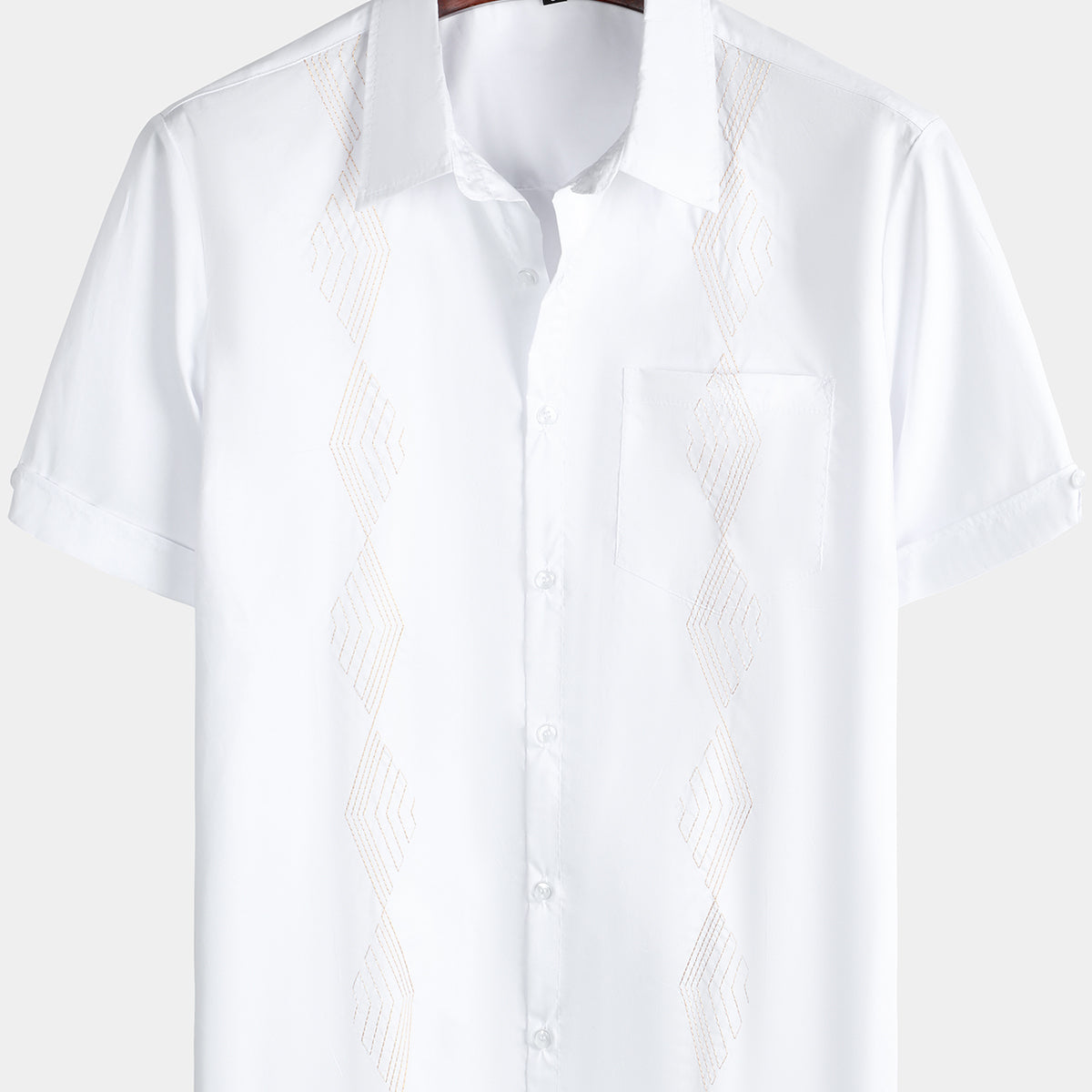 Chemise de plage d'été à col cubain en coton Guayabera géométrique brodée à manches courtes boutonnée pour hommes