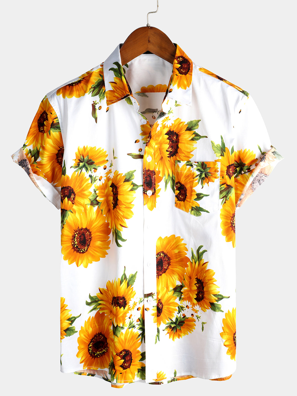 Chemise à manches courtes à boutons d'art vintage avec poche en coton à fleurs de tournesol pour hommes