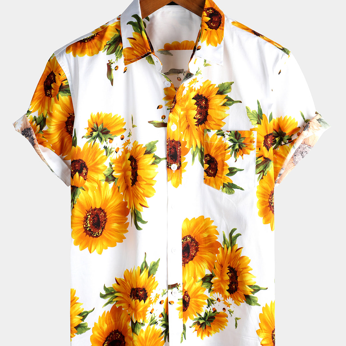 Chemise à manches courtes à boutons d'art vintage avec poche en coton à fleurs de tournesol pour hommes
