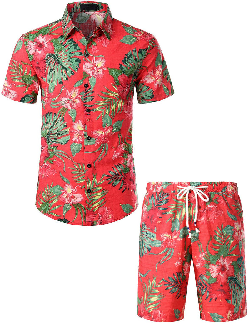 Chemises et shorts hawaïens boutonnés décontractés à fleurs pour hommes