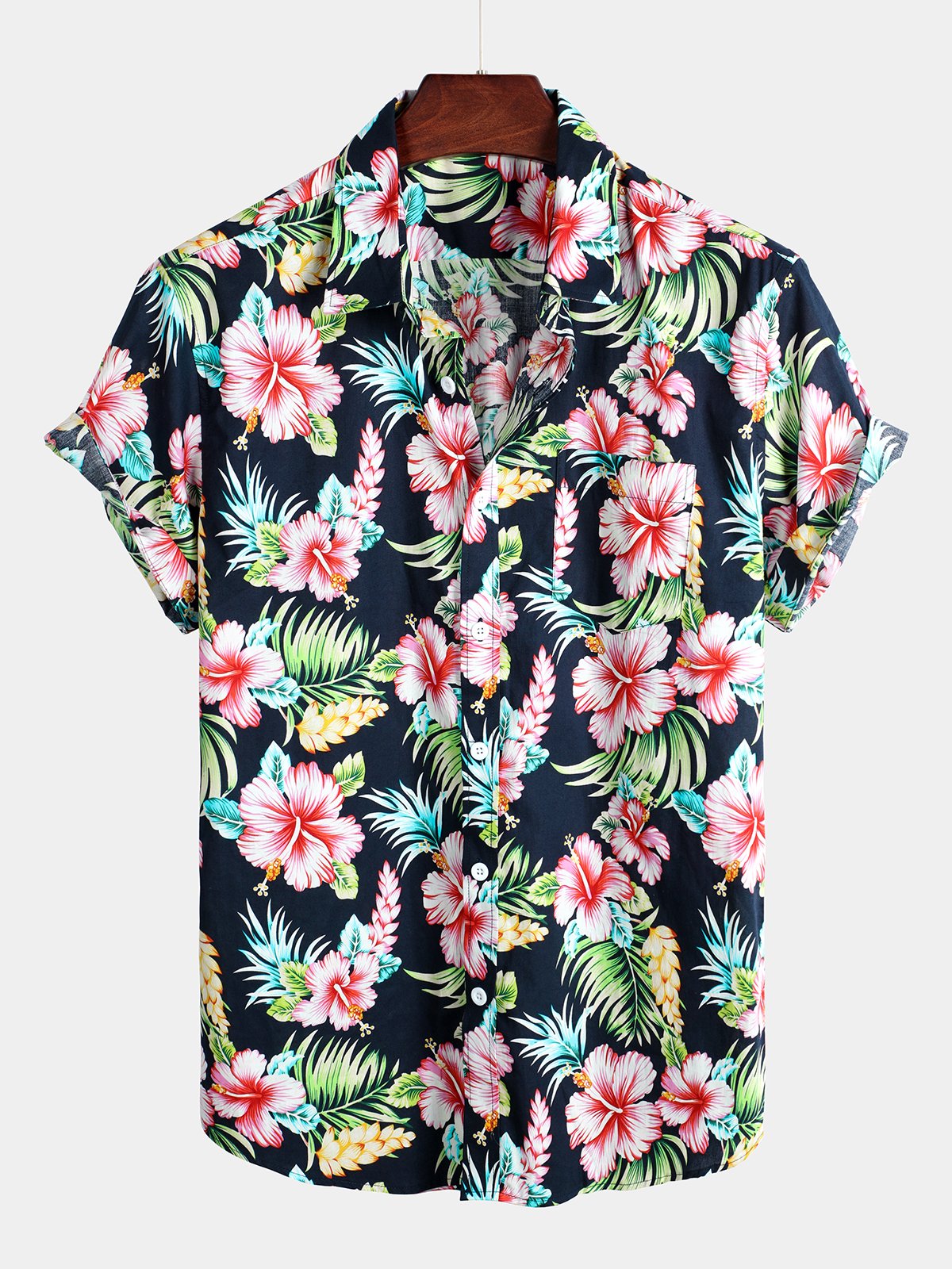 Chemise Homme Bleu Foncé Floral Holiday En Coton À Manches Courtes