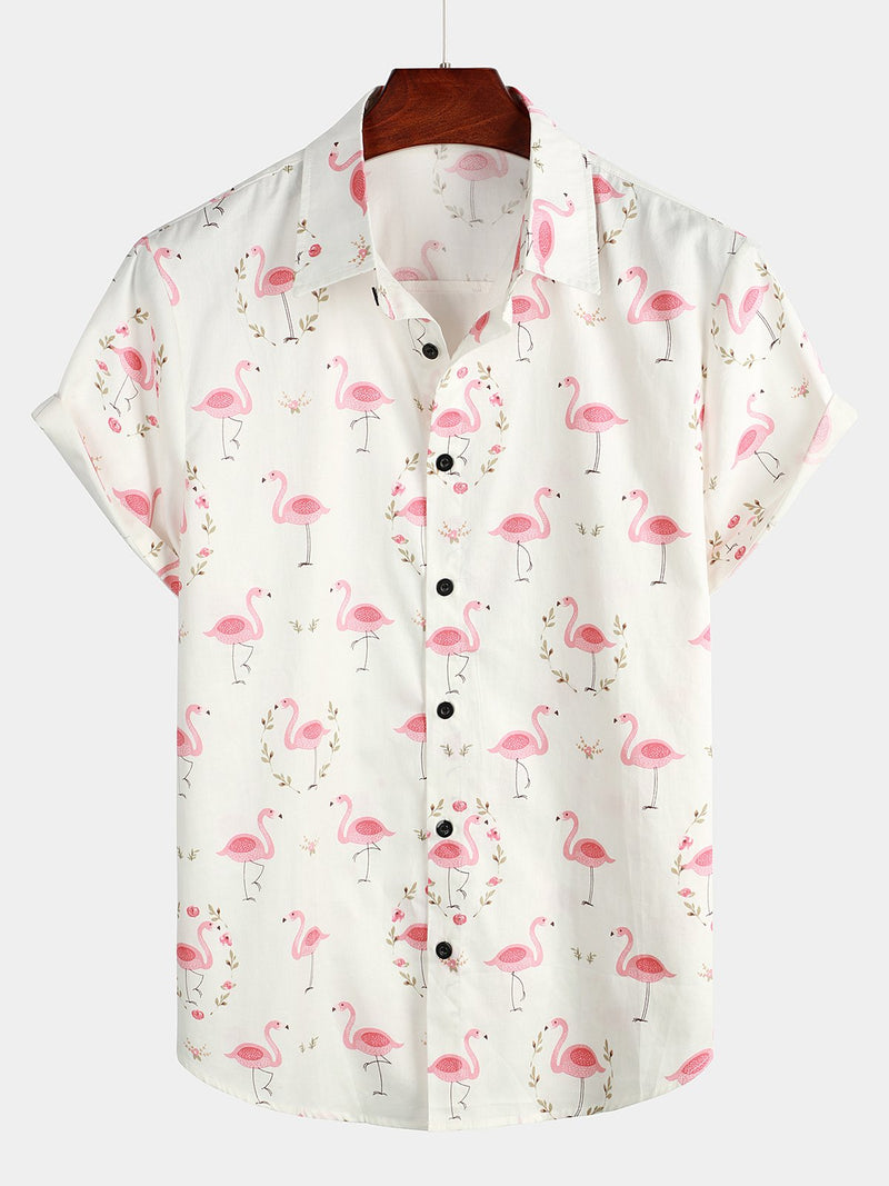 Chemise décontractée à manches courtes en coton à imprimé flamant rose pour hommes