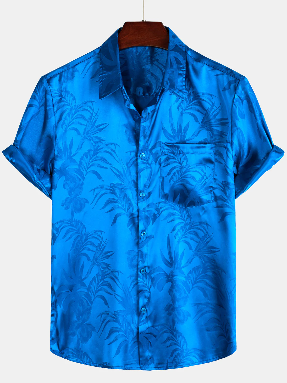Hommes Jacquard Fleurs Bouton Up Poche Floral Été Cool À Manches Courtes Tops Plage Vacances Chemise