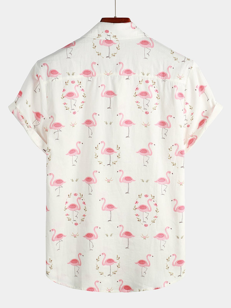 Chemise décontractée à manches courtes en coton à imprimé flamant rose pour hommes