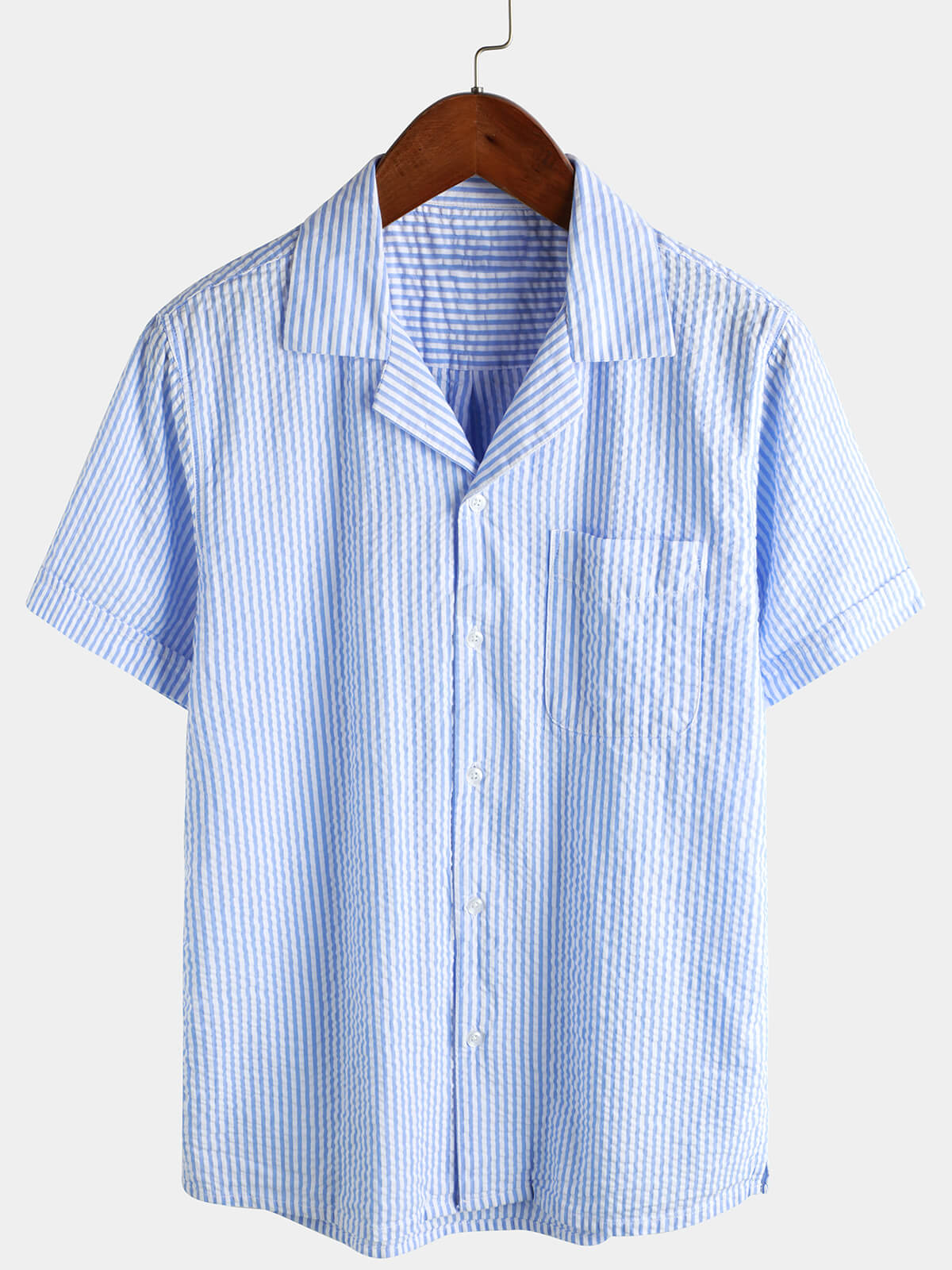 Coton Bleu Rayé Homme Bouton d’été Haut Col Cubain Camp Chemise de plage à manches courtes