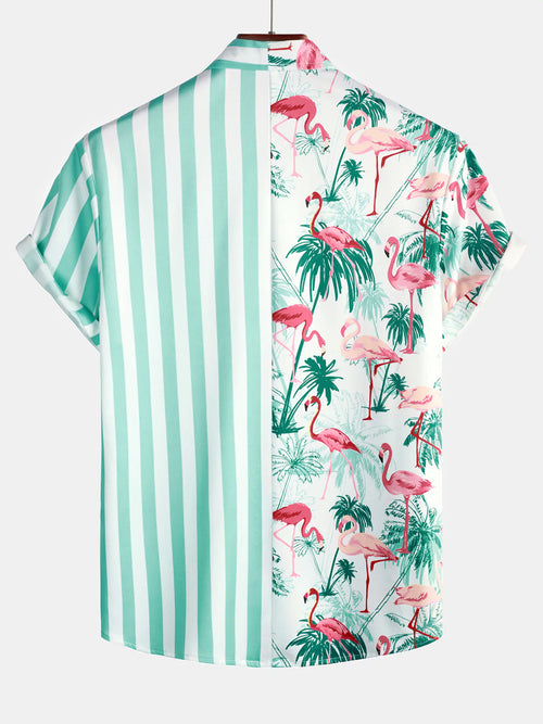 Chemise à manches courtes boutonnée à manches courtes pour hommes Flamingo Green Striped Print Pocket Tropical Beach Vacation